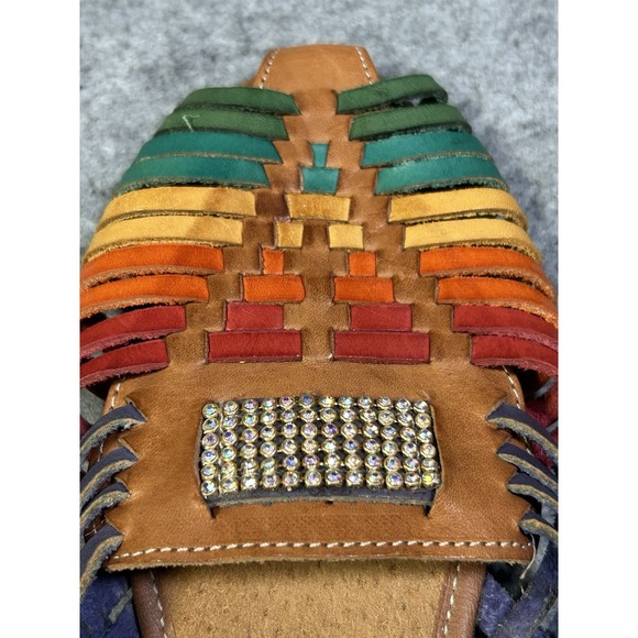 Rainbow Authentic MAYA Mexican Huaraches Leather Sandals Boho Rhinestone 9.5/10 - Picture 3 of 11